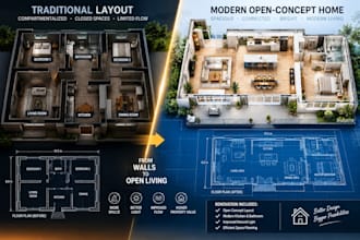 open concept layout and residential beam design for remodel