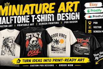 create miniature art halftone mug cup vector tshirt design for printful etsy pod