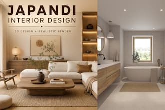 design photorealistic3d japandi scandinavian wabi sabi interior spaces