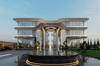 render futuristic mansion exterior, glass villa facade, visualize 3d fluid house