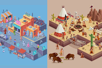 design isometric pixel game art, pixel art scenes, 2d pixel environment design