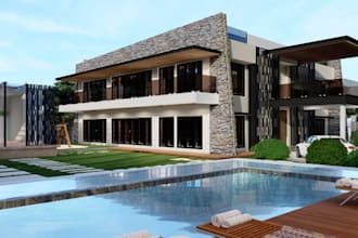design modern tropical  villa,cantilevered balcony,mansion archviz,cgi facade 3d