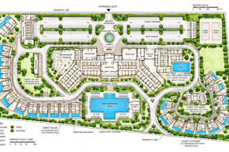 create a detailed hotel resort site plan and property layout