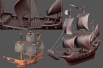 build 3d ship hard surface vessel modeling, boat 3d model pirate ship game asset