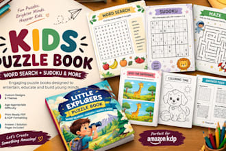 create kids puzzle book, kids word search, children sudoku activity book for KDP