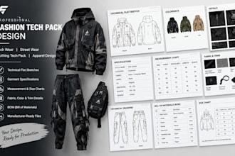 l create fashion tech wear, streetwear tech pack, clothing tech pack flat sketch