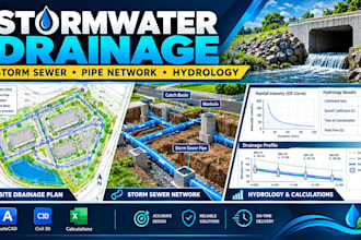 design stormwater drainage plans, storm sewer pipe network and hydrology