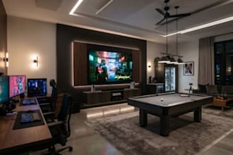 3d basement design, home theater, basement bar, game room rendering