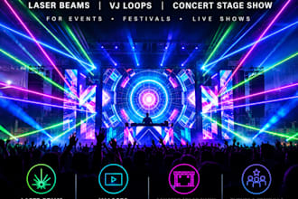 do laser visuals, laser beams, vj loops, concert stage show for events, festival