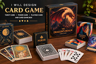design card game, tarot card, poker card, playing card and card game box