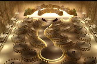 create realistic 3d event stage, wedding hall, 3d concert stage and lighting