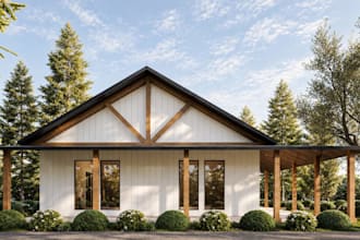 modern3d cabin exterior,barndominium house,cottage garden,interior layout render