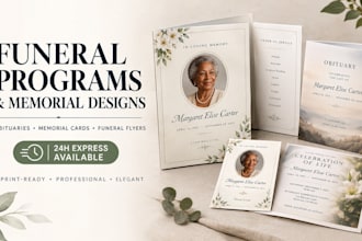 design elegant funeral programs, obituary booklets, memorial cards and flyers
