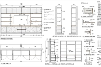 draft custom millwork shop drawing and furniture, kitchen cabinet drawing in cad