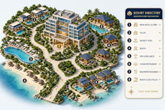 create isometric wayfinding directory maps for hotels, resorts, and restaurants