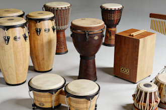 record cymbals, cajon, bongos, toms, djembe, and world percussion