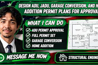 provide adu permit drawings renovation, deck shed pergola garage conversion plan