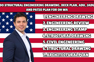 do structural engineering drawing, deck plan, adu, jadu and patio plan for oh wa