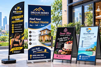 do feather flag, roller banner, billboard, vinyl signboard a frame sign design