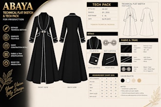 design custom abaya technical flat sketch and tech pack for production
