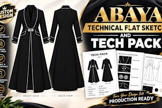 design custom abaya technical flat sketch and tech pack for production
