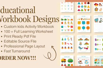 design educational workbooks, montessori worksheets and kids activity books