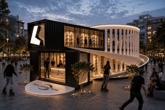 design futuristic shipping container home or office,store,pop up shop,restaurant