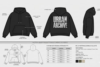 do streatwear hoodle tech pack clothing technical flats sketch for manufacturing