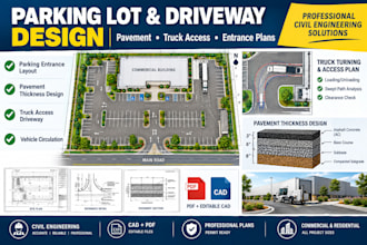 design parking lot entrance, pavement thickness and truck access plan