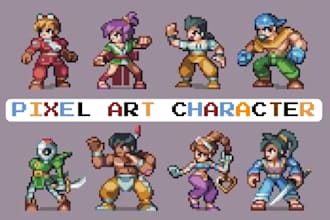 create 8 bit 16 bit pixel art characters, sprite sheet and animation for game