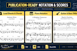 transcribe music into piano sheet music, lead sheet, chords