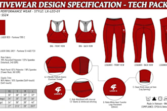 create activewear tech pack, sportswear tech pack and technical flat sketch