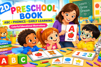 create 2d preschool book illustrations for abc, phonics and early learning