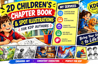 create 2d chapter book, spot and children book illustration for KDP authors