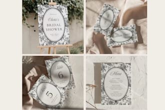 design wedding menu, bridal shower, table place names, signage and rsvp on canva