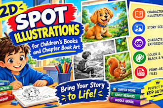 create 2d spot illustrations for children book, stories and chapter book art
