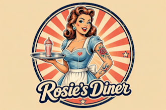create retro pinup waitress tattoo mascot logo with text with any file