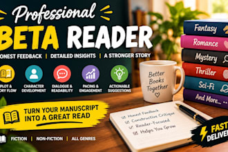 beta read your novel,  manuscript and give detailed reader feedback, book beta