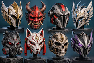 design custom 3d cosplay helmet mask stl for 3d printing, wearable cosplay model