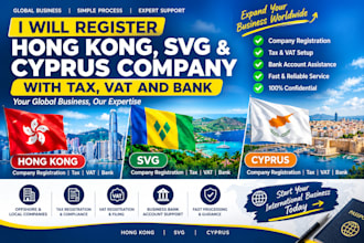register hong kong, svg, cyprus company with tax, vat and bank account