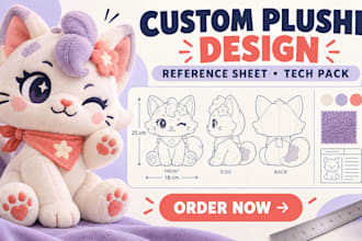 design custom plushie reference sheet, stuffed animal plush tech pack