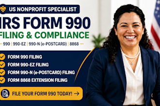prepare and file irs form 990, 990ez, 990n and 8868 extension