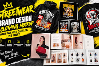 do streetwear brand design and clothing mockup with fashion catalog line sheet