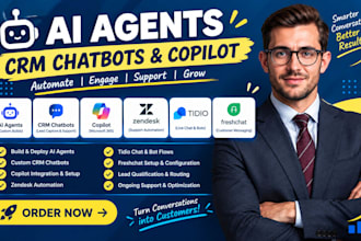 setup ai agents, CRM chatbots, copilot, zendesk, tidio and freshchat