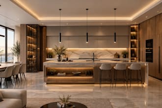 create 3d apartment rendering with furniture, lighting and realistic materials