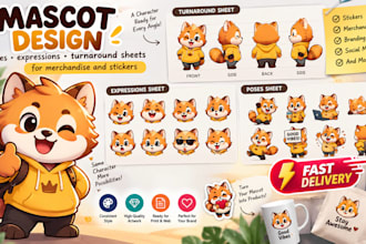 design mascot poses expression and turnaround sheets for merchandise, stickers