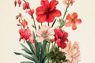 botanical illustrations of flowers, plants, line art