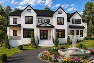 redesign modern facade exterior, residential farm house, living internal, cgi