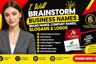 brainstorm catchy business names, brand names, company names, slogans and logo