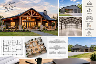 create barndominium, pole barn, metal building plans, permit drawings and render